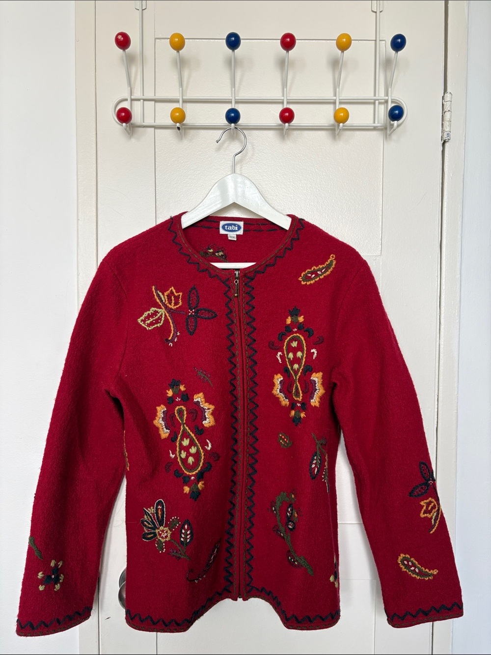 Red Embroidered Wool Zip Cardigan Jacket